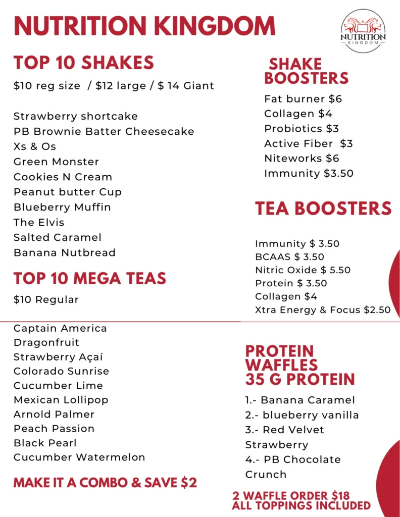 Nutrition Kingdom Menu - Protein Shakes, Acai Bowls, & More